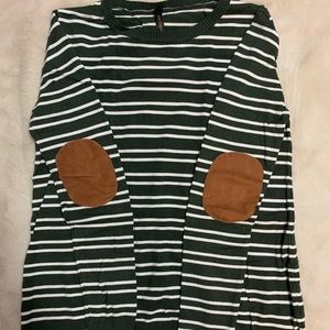 Green and White Striped Sweater with Elbow Pads